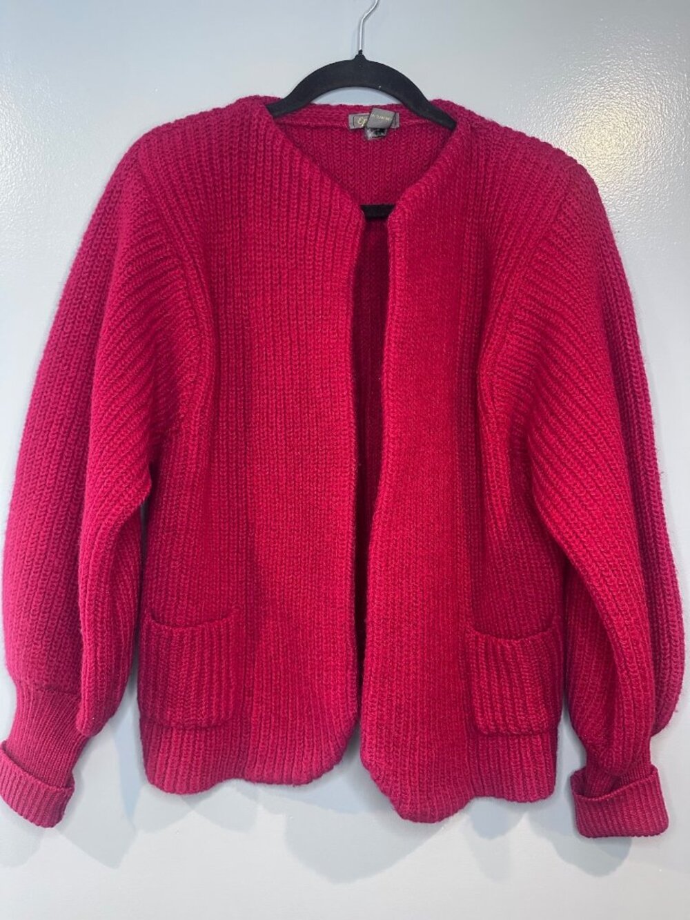 Vintage Epitome Womens Small 100% Wool Cardigan Red Open Front Pocket Sweater